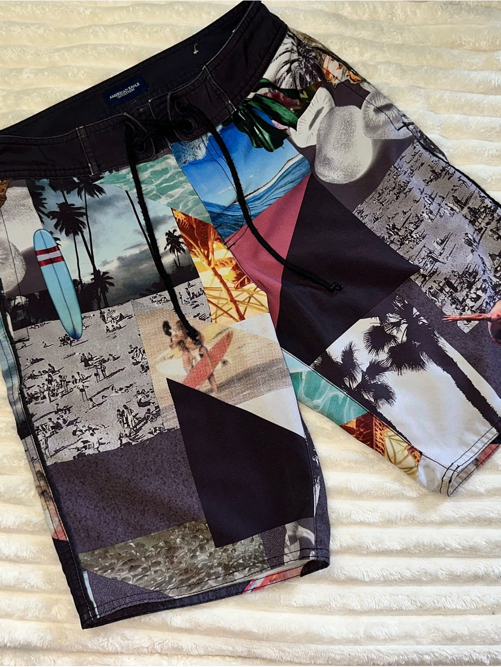 American Eagle Outfitters Black Multicolor Surf Patchwork Swim Shorts
